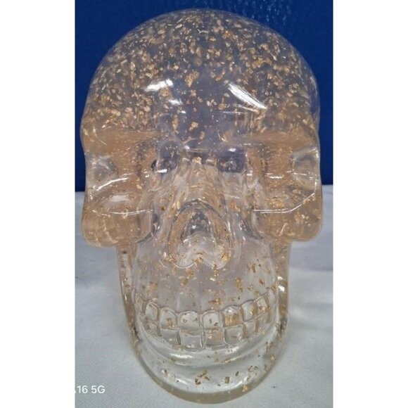 Large Life Size Clear Lucite Skull w Gold Flecks Vintage Halloween Decor Horror - Picture 1 of 16